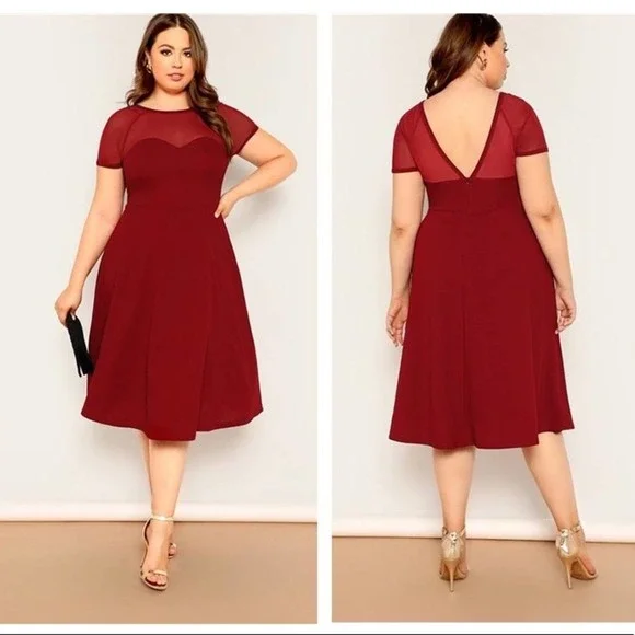 Curvy Mesh Sweetheart Fit And Flare Dress | Color: Red | Size: Xl | Laurasweetpea's Closet